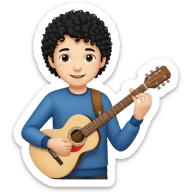 A boy with black curly hair Smiling and holdijg a guitar  sticker