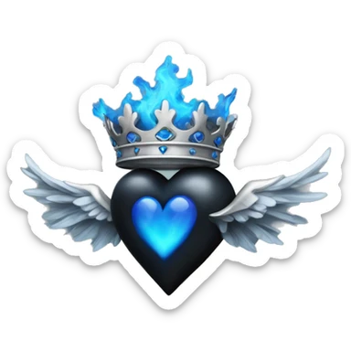 Black colored heart with wings and blue flames and a silver crown sticker