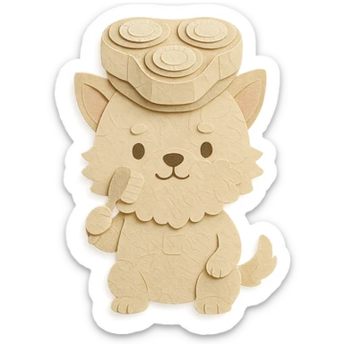 chibi electric shaver-dog hybrid brushing its fuzzy face, creamy beige pastel, full-body sticker