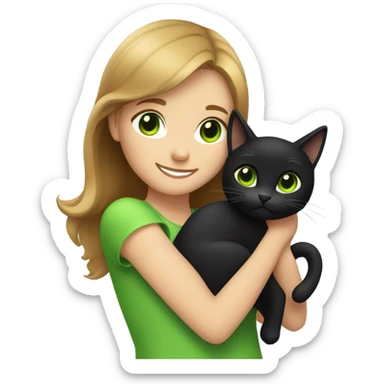 Girl with light brown hair hugging a black cat with green eyes sticker