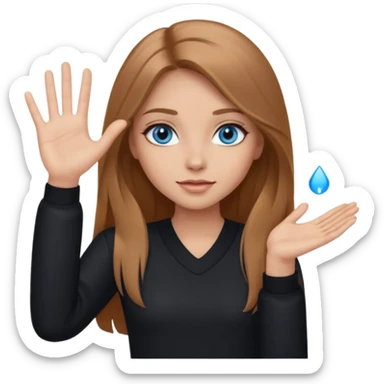 A girl with makeup, long light brown hair, blue eyes, with her palm up. with black clothes sticker