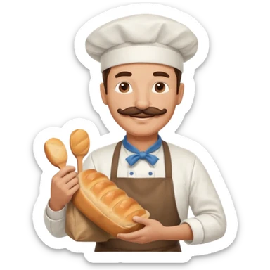 Middle aged male pastry chef - with a mustache, apron, white hat, holding a bag of bread sticker