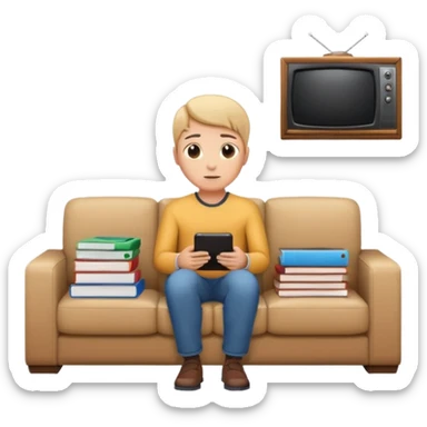 A person sitting on a couch watching TV, with a pile of work next to them sticker