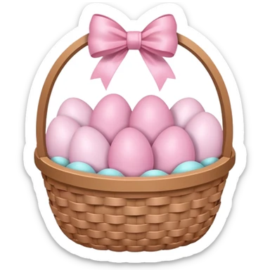 white basket full of light pink easter eggs with a light pink bow at the center sticker