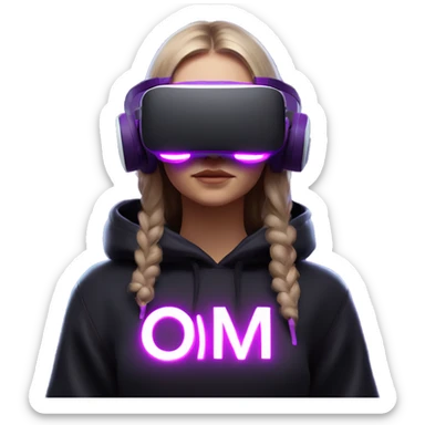 Russian girl wearing black hoody with violet letters "OMG", in vr headset oculus quest2. Standing like jedi. Cyberpunk style. Violet neon. sticker
