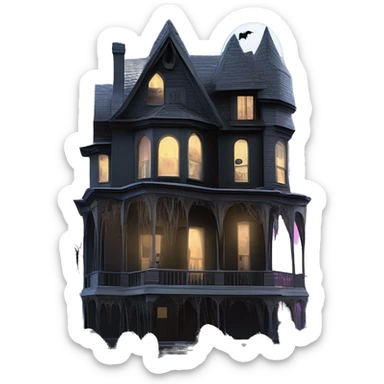 Barbie’s and Batman’s 6 story tall very haunted dream house with complete wrap-around porch and spider webs everywhere and some broken windows and boards  sticker