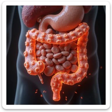 hyperrealistic inflamed intestinal microbial flora with altered bacteria and fungi due to excess sugars, 4K, transparent background sticker