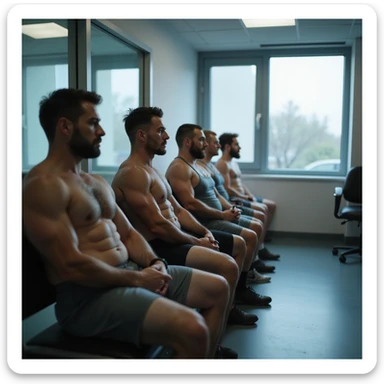 group of muscular athletes in gym clothing waiting for their turn for blood tests in a modern clinic, realistic atmosphere, hyperrealistic 4K details, clinical environment sticker