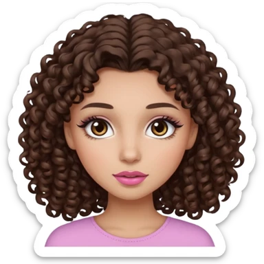 girl with curly long dark brown hair, brown eyes, light to medium complexion, long lashes, almond shaped eyes, light pink lipstick sticker