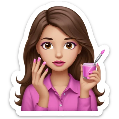 girl with long wavy brown hair, brown eyes, light to medium complexion, in a pink shirt, pink lips, long lashes, puckered lips,  painting long nails sticker