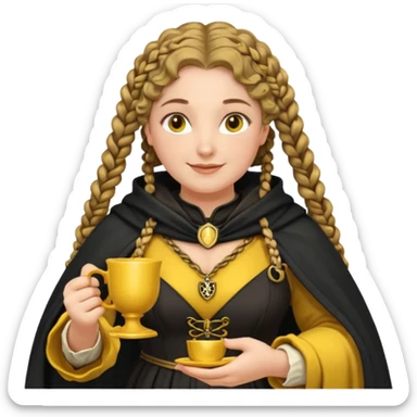 Helga Hufflepuff, 2 curly thick brown braids, yellow-black medieval dress, black cloak decorated with gold braiding, tiny two-handled shiny yellow-gold cup, very kind smile, curvy busty sweet woman, thick rosy cheeks sticker