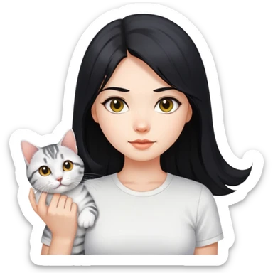 Long black hair beautiful girl wearing a white short-sleeved shirt tightly holding an American shorthair sticker