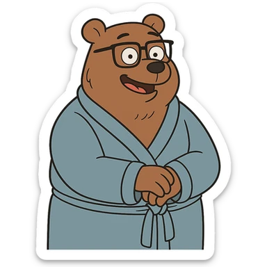 A cartoon bear wearing glasses and a bathrobe sticker