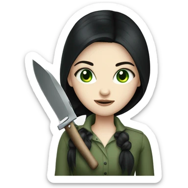 Long black hair girl pale skin green eyes with knife sticker