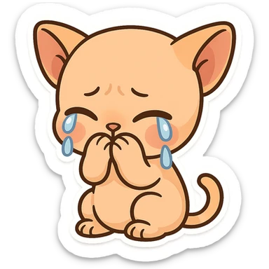 A bald orange cat with no hair on its head. The kitten is crying with its paws covering its mouth sticker