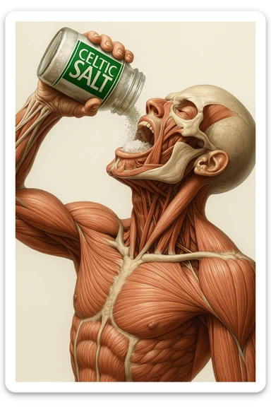 Create a vertical hyperrealistic 4K medical illustration exactly matching the style and composition of the reference image. The subject is an anatomically accurate human body holding a jar labeled 'CELTIC SALT', pouring salt into his mouth. The background should be neutral and clear. The image must be extremely detailed, vertical format, with the same pose and lighting as the reference. sticker