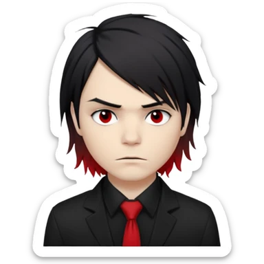 Gerard Way (Revenge Era)
Round, simplified emoji style
Pale skin tone
Jet-black, shoulder-length hair messy and emo
Heavy eyeliner and slight red shadow under the eyes
Subtle serious
Hint of red tie visible on black button up shirt.
Transparent background. Black eyeliner. Messy emo hair sticker