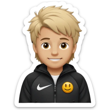 make a boy with fluffy dirty blond hair hazel eyes tan white smirky smile and nike tech sticker