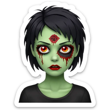 Uma zumbi de pele verde cabelo chanel todo preto bagunçado sem cabelo verde sticker