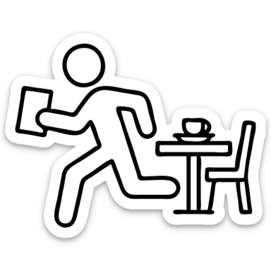 dine and dash, icon style, a person holding a bill running from a dining table, outline, clear action sticker