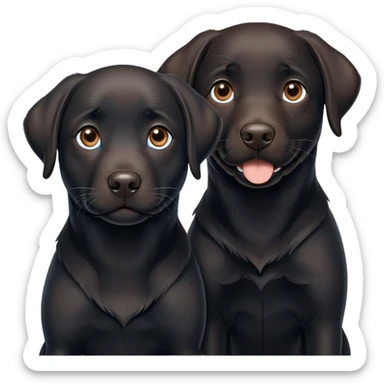 Two black Labrador dogs, one fully black with brown eyes and the other black one with white on his chest and blue eyes sticker