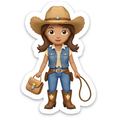 A cuddly cowgirl plush toy with denim vest, cowboy boots and a lasso sticker