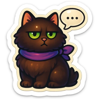 Fluffy dark-brown cat with green eyes and a purple scarf saying ‘…’ with a poker face (with a speech bubble) sticker