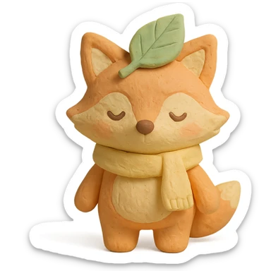 fox wearing a leaf hat and scarf, cute autumn soft style, soft pastel colors, claymation style sticker
