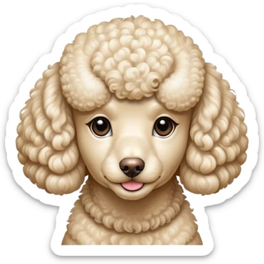 Cinematic Noble Cream Poodle Portrait Emoji, Poised and regal, with a refined, elegant build and a meticulously groomed, curly cream Fur, deep-set soulful warm eyes, Simplified yet sharp and sophisticated features, highly detailed, glowing with a soft, dignified glow, high shine, intelligent and graceful, stylized with an air of sophistication, focused and attentive, soft glowing outline, capturing the essence of a watchful and confident companion, so majestic it feels as though it could prance out of the screen with effortless authority! sticker
