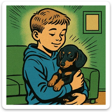 A modern day 10 year old wearing a blue hoodie with a black and tan puppy dachshund in a green living room sticker