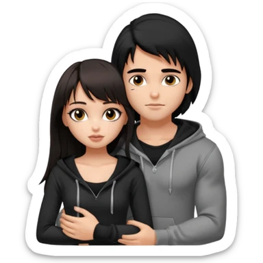 generate a pretty bratz girl in black cami top, dark brown straight long hair with bangs, eyeliner on, 

hugging a handsome muscular boy with black hair and a grey hoodie sticker