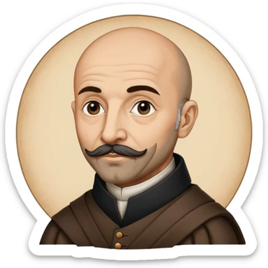 a hand drawn black outline portrait of philosopher Montaigne with similar-sized eyes based a famous portrait of him sticker