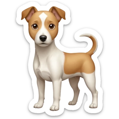 a full body facing front on of a buff white beagle cross jack russell terrier looking dog the size of a kelpie with light brown long ears resting on its face and a light brown patch above one eye and a large snout. the rest of the dog is completely white.  sticker