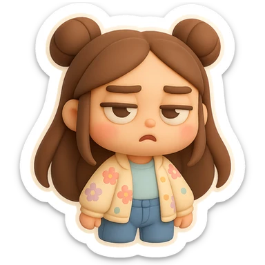 3D chibi style mochi girl, high-quality rendering with smooth shadows and soft gradients, long brown hair in two space buns, brown eyes, jeans, pastel floral cardigan, thick white outline like a sticker, transparent background, rolling her eyes like 'oh please', preserve facial features from reference image sticker