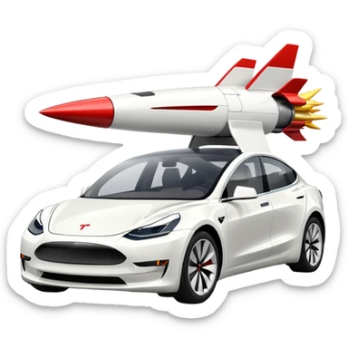 Tesla model 3 white.  Rockets mounted on roof sticker