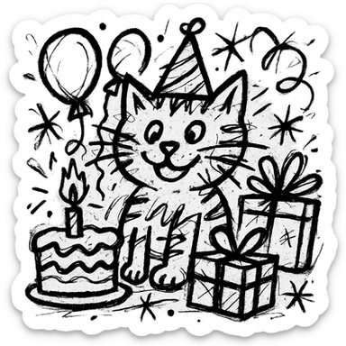 chaotic outlined icon of a ginger tabby kitten wearing a birthday hat, surrounded by a birthday cake, balloons, gifts, and a happy expression sticker