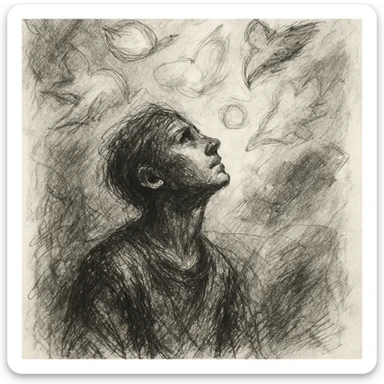high-resolution black and white pencil sketch inspired by the poem 'menagerie', solitary figure gazing upward surrounded by ethereal dreamlike shapes representing fleeting moments of beauty and clarity, shapes floating and soaring above and around the figure, evoking private wonder and personal collection of memories, minimal background with dramatic lighting emphasizing introspection and intangible personal nature of the menagerie of moments, no text sticker