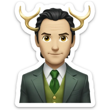 marvel's loki dressed in a grey suit and green tie with loki's golden horns sticker