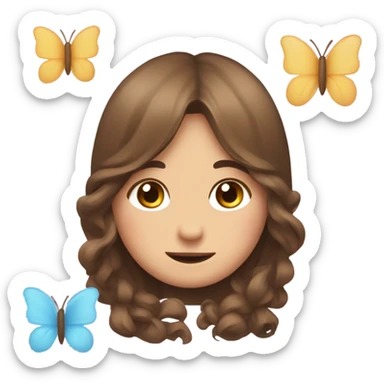 shy uwu  long brown hiar emojis with flower and butterfly sticker