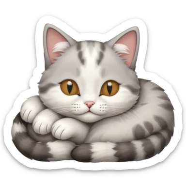grey and white small cat with eyes closed lying down upside down with its head resting on its paw sticker