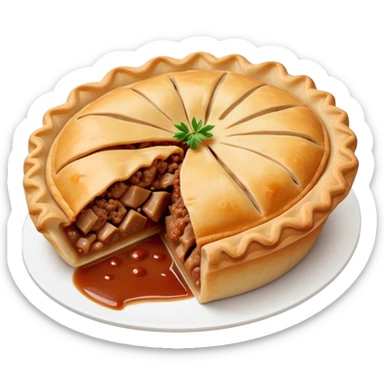 Cinematic Realistic Meat Pie Dish Emoji, showcasing a flaky pastry filled with rich, hearty meat gravy, rendered with lifelike detail and warm, inviting lighting. sticker