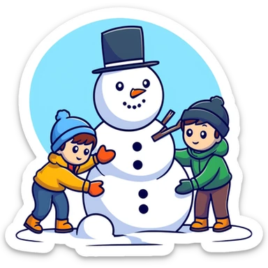 kids building a snowman, cartoonish and fun sticker