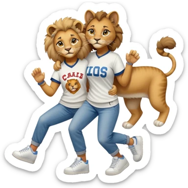 friendly anthropomorphised female lion in a baseball shirt, jeans, and trainers helping a hiphop female cat up after falling sticker
