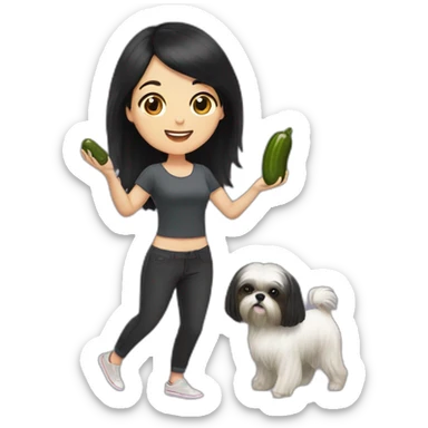 white woman with black long straight hair dancing salsa while eating pickles with a shih tzu dog sticker