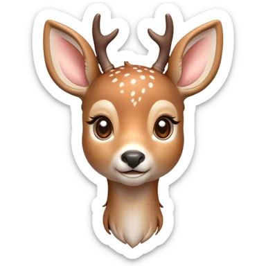 Cinematic Cute Deer Portrait Emoji, Head tilted playfully and inquisitively, showcasing a delicate coat speckled with subtle white spots and gentle earth tones, round, sparkling eyes filled with curious wonder, Simplified yet irresistibly adorable features, highly detailed, glowing with a warm, friendly glow, high shine, affectionate and graceful, stylized with a touch of woodland whimsy, bright and endearing, soft glowing outline, capturing the essence of a mischievous yet loving fawn, so playful it feels like it could skip out of the screen into your arms! sticker