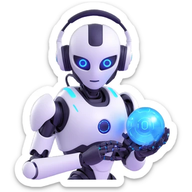 autonomous AI robot, metallic surface, blue illuminated eyes, headset, holding glowing digital orb sticker
