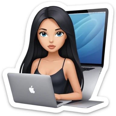 Glamours tanned very beautiful girl with pump peach nude lips and black straight smooth long hair, blue-grey eyes in black bodysuit with MacBook sticker