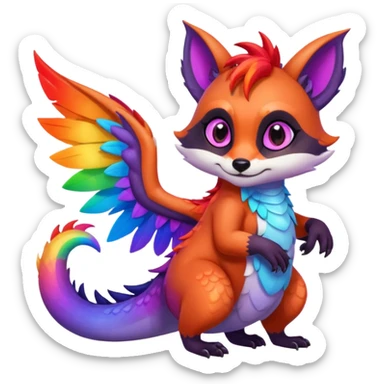 black female raccoon dragon hybrid with rainbow colored wings and purple eyes giving a hug to a red female fox dragon hybrid with rainbow colored wings and orange eyes sticker