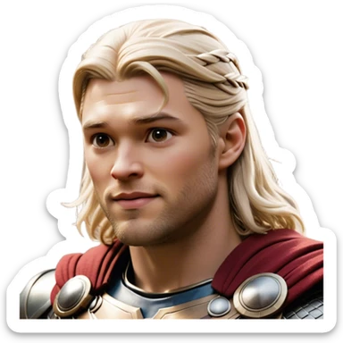 Cinematic Realistic Thor Portrait, head tilted playfully and inquisitively, showcasing his robust form and a warm, disarming smile. His expressive eyes and detailed armor are captured with lifelike clarity, as soft natural highlights reveal a side of the mighty god that is both approachable and full of mirth. sticker