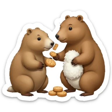 small capybara and a snow bear eating biscuits with each other sticker